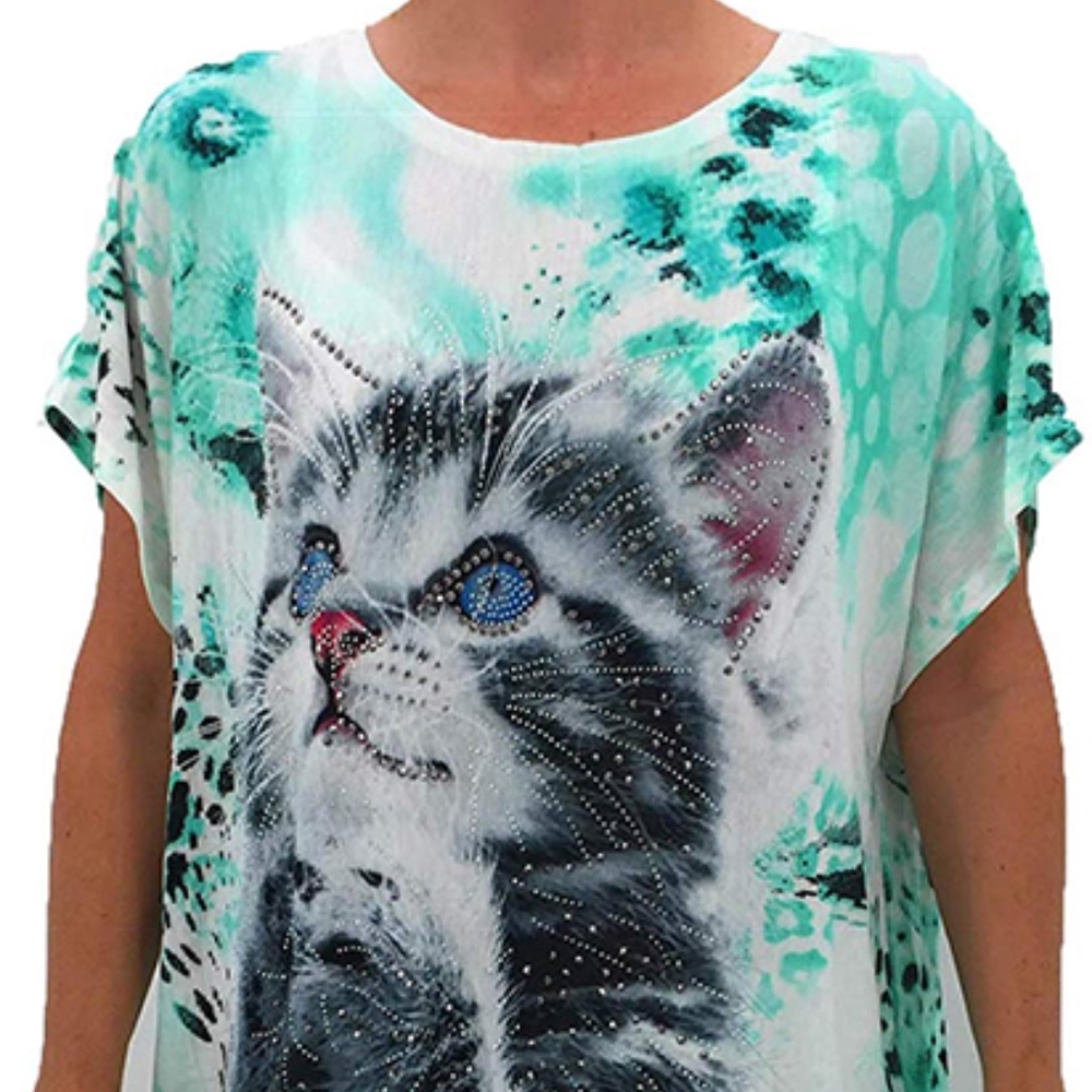4/$25 Funny Cat T-Shirt Green Kitty Tunic Top Shirt O/S - Picture 3 of 7